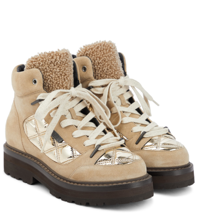 Shop Brunello Cucinelli Shearling-trimmed Suede Hiking Boots In Light Brown
