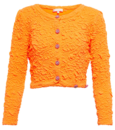 Shop Loveshackfancy Senina Crinkled Cropped Cardigan In Neon Tangerine