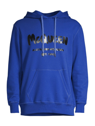 Shop Alexander Mcqueen Men's Graffiti Logo Hoodie Sweatshirt In Royal Blue Black