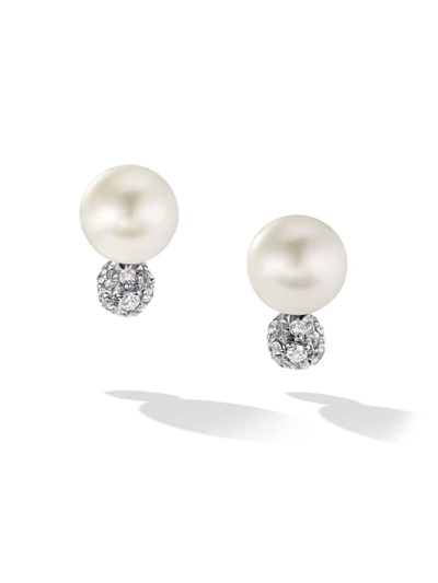 Shop David Yurman Women's Pearl & Pavé Solari Stud Earrings With Diamonds In Silver Pave