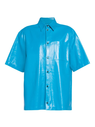 Shop Bottega Veneta Men's Leather Button-front Shirt In Pool