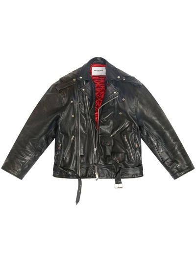 Balenciaga Fringe Detail Leather Biker Jacket Black | ModeSens