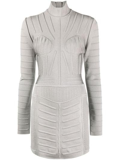 Shop Balmain Ribbed Long-sleeve Mini Dress In Grey