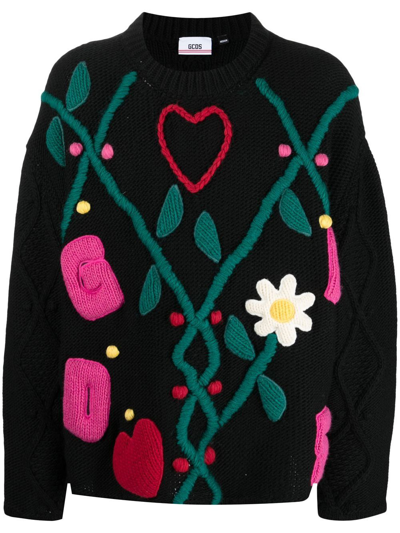 Shop Gcds Oversized Knitted-appliqué Jumper In Black