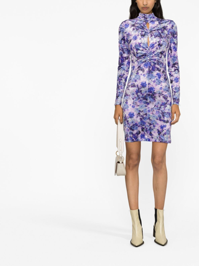 Isabel Marant Cutout Ruched Floral Print Stretch-velvet Mini Dress In Purple