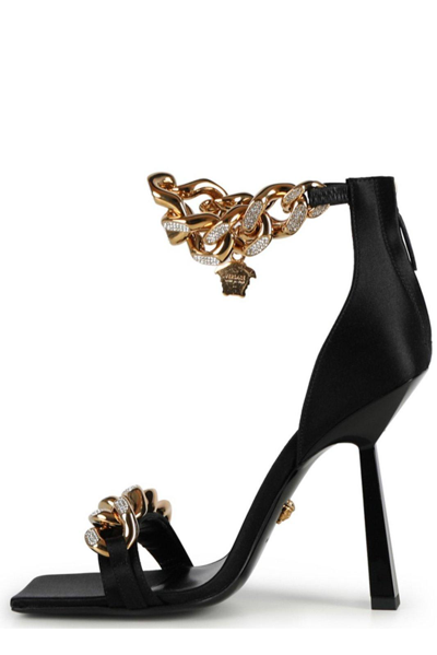Shop Versace High Heel Chain Linked Sandals In Nero-oro