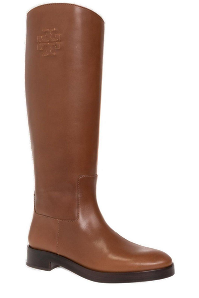 Shop Tory Burch Logo Embossed Riding Boots In Brown