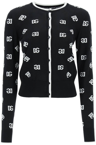 Dolce & Gabbana Intarsia Logo Virgin Wool Cardigan In Bianco