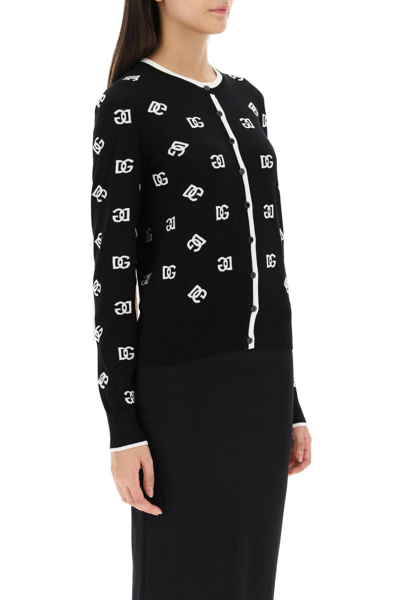 Dolce & Gabbana Intarsia Logo Virgin Wool Cardigan In Bianco