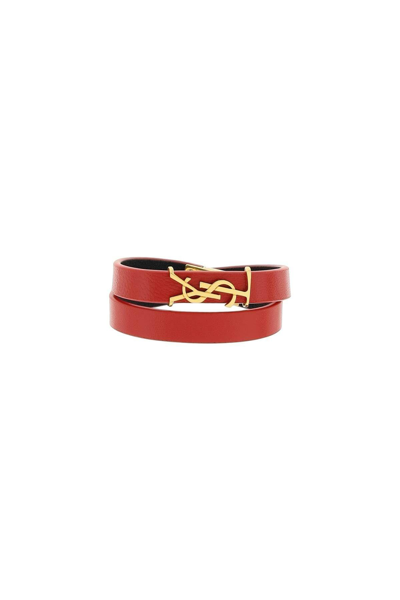 Shop Saint Laurent Double-wrap Ysl Leather Bracelet In Rouge