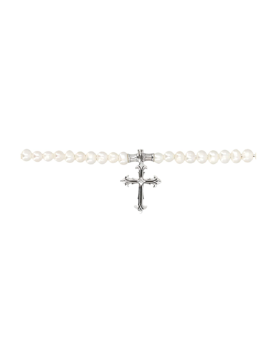 Shop Emanuele Bicocchi Pearl Necklace With Cross In Silver