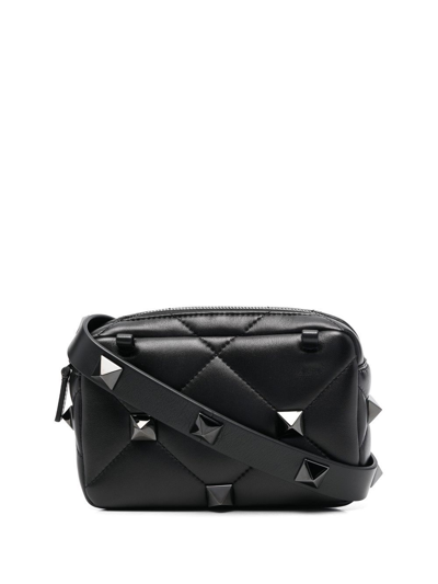 Shop Valentino Roman Stud Leather Shoulder Bag In Black