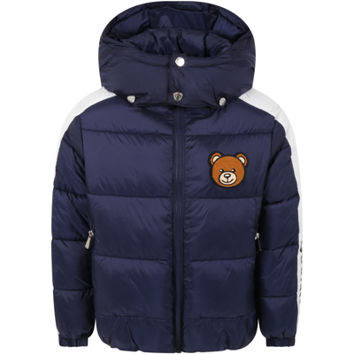 Shop Moschino Blue Jacket For Girl With Logo And Teddy Bear