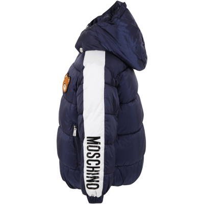 Shop Moschino Blue Jacket For Girl With Logo And Teddy Bear