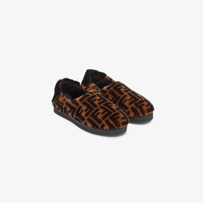 Shop Fendi Logo Loafers In Brown