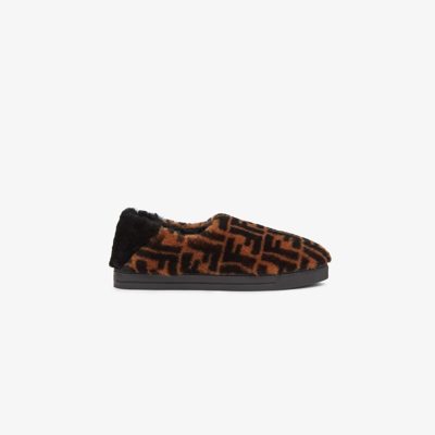 Shop Fendi Logo Loafers In Brown