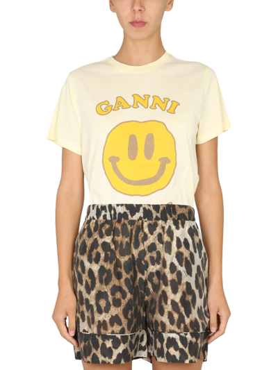 Shop Ganni Crewneck T-shirt In Beige
