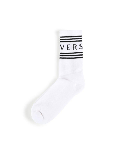 Shop Versace Logo Intarsia Socks In Bianco+nero