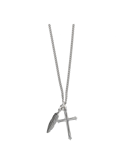 Shop Emanuele Bicocchi Feather And Cross Necklace In Silver