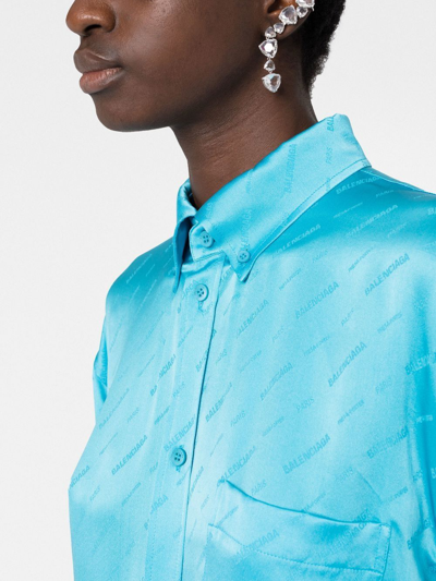 Shop Balenciaga Logo-print Silk Shirt In Blue
