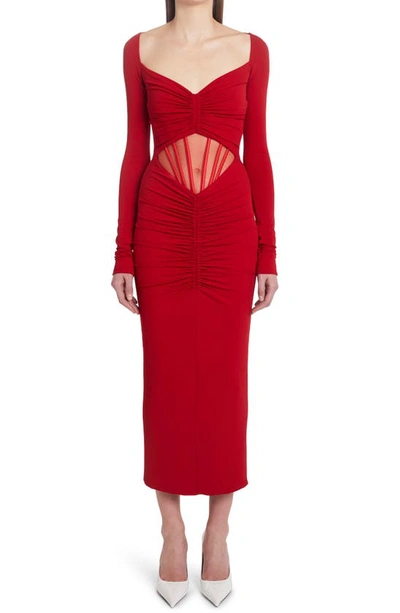 Shop Versace Corset Cutout Ruched Long Sleeve Jersey Midi Dress In Parade Red