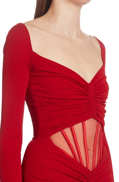 Shop Versace Corset Cutout Ruched Long Sleeve Jersey Midi Dress In Parade Red