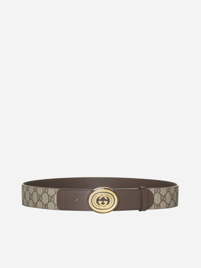 Shop Gucci Gg Supreme Fabric And Leather Belt In Brown