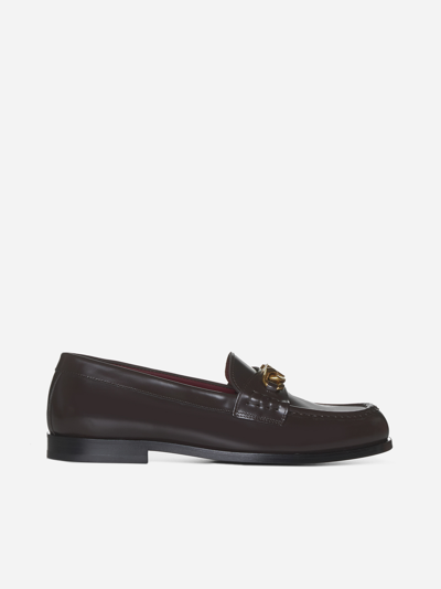 Shop Valentino Vlogo Chain Leather Loafers In Bitter Chocolate
