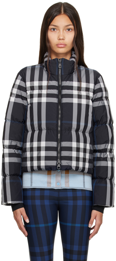 Shop Burberry Navy Night Check Cropped Down Puffer Jacket In White/dc Blue Ip Chk