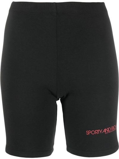 Sporty And Rich Disco Logo-print Stretch-cotton Jersey Shorts In 黑色