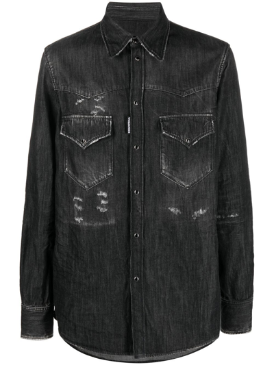 Shop Dsquared2 Distressed-finish Denim Shirt In 黑色