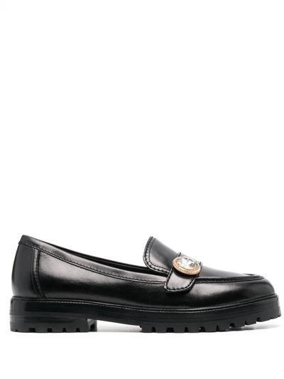Shop Kate Spade Crystal-embellished Leather Loafers In 黑色