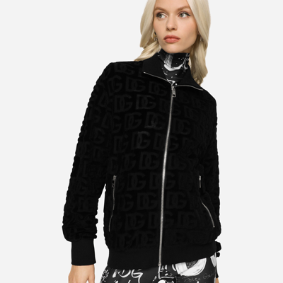 Dolce & Gabbana Jacquard Jersey Sweatshirt With All-over Dg Detail And Zipper In Black
