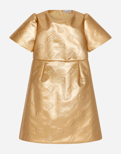 Shop Dolce & Gabbana Short Foiled Jacquard Dress With Dg Logo In Gold
