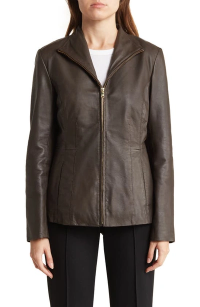 Shop Cole Haan Signature Wing Collar Leather Jacket In Dark Espresso
