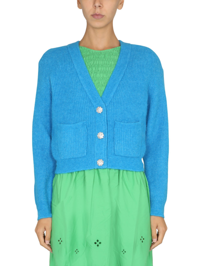 Shop Ganni Knitted Cardigan In Azzurro