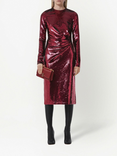 Shop Burberry Aurora Gathered-detail Sequin Midi Dress In Red