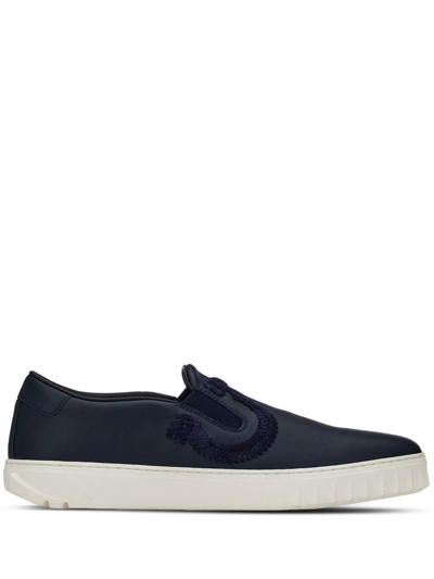 Ferragamo Gancini Leather Slip-on Sneakers In Blue