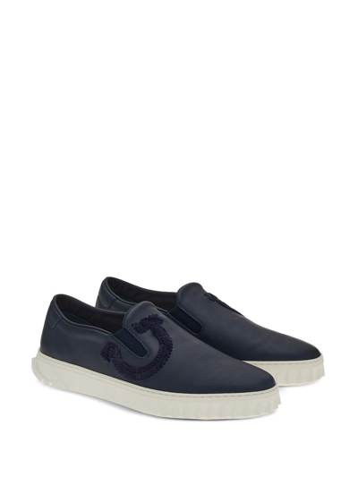 Ferragamo Gancini Leather Slip-on Sneakers In Blue