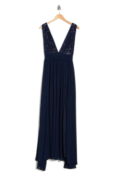 Love By Design Daphne Sequin Top V-plunge Maxi Dress In Navy Blazer