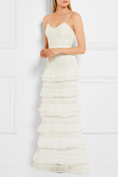 Shop Self-portrait Penelope Tiered Crepon-trimmed Guipure Lace Gown In White