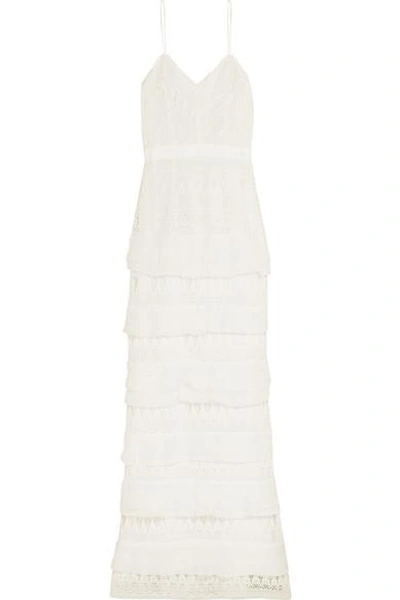 Shop Self-portrait Penelope Tiered Crepon-trimmed Guipure Lace Gown In White