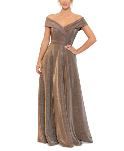 Shop Xscape Petite Off-the-shoulder Glitter Fit & Flare Gown In Blush Pink Silver