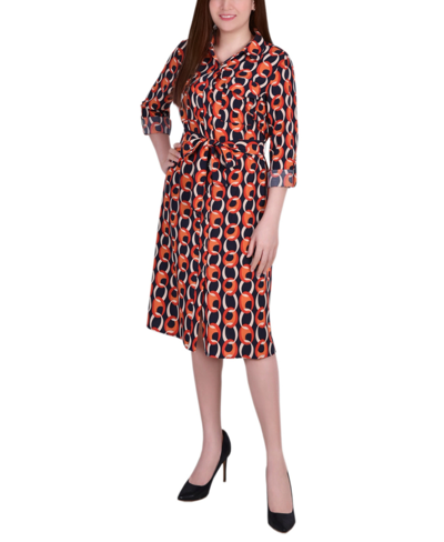 Shop Ny Collection Petite Printed Long Sleeve Roll Tab Shirtdress In Black Red Circle Chain