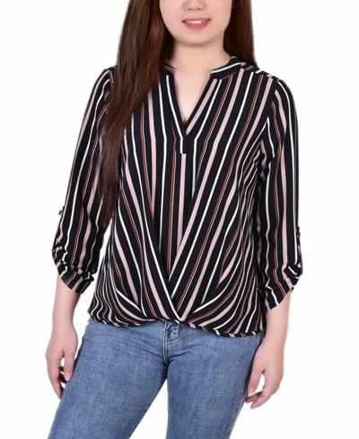Ny Collection Petite Size 3/4 Push Tab Mandarin Collar Blouse With Front Pleats In Black Mauve Stripe