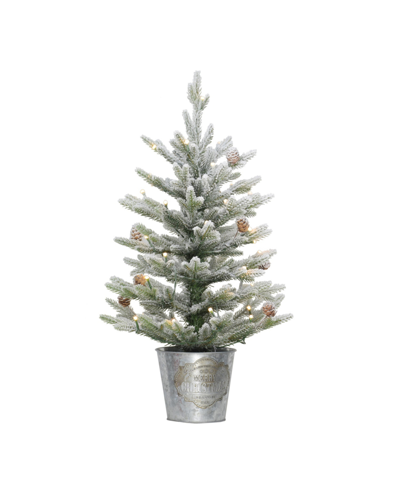 Puleo Pre-lit Flocked Table Top Artificial Christmas Tree With 35 Lights In Metal Pot, 2' In Green