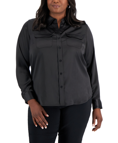 Shop Alfani Plus Size Satin Utility Shirt, Created For Macy's In Deep Black