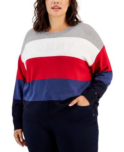 Tommy Hilfiger Plus Size Striped Bubble Sweater In Scarlet Multi | ModeSens
