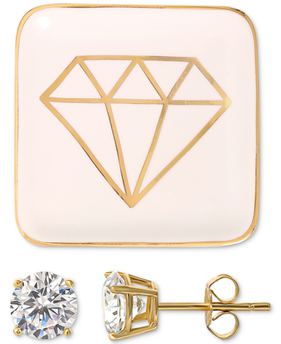 Shop Giani Bernini Cubic Zirconia Solitaire Stud Earrings & Ceramic Trinket Dish, Created For Macy's In Gold Over Silver