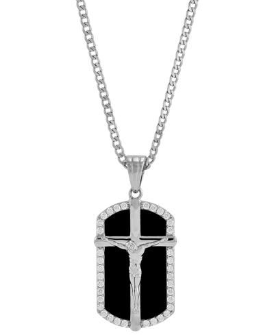 Shop Macy's Men's Crucifix Dog Tag With Onyx & White Cubic Zirconia (1-1/2 Ct.tw.) 22" Necklace In Sterling Silv In Silver